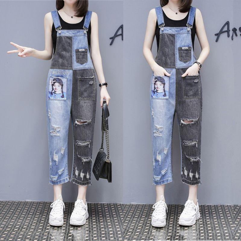 Spring Summer Distressed Denim Patchwork Overall Pants for Women Korean Style Loose Youthful All-Match 9/10 Wide Leg Jumpsuits