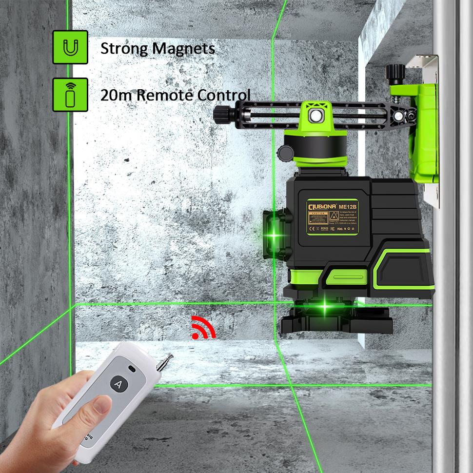 3D 12 Lines Multi-functiona Professional Green Laser Level with Remote Control and Rechargeable Battery