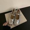 Inner Height Increase Mary Jane Shoes Women's Spring 2025 New Bow Square Head Silver Splicing Flat Ballet Shoes