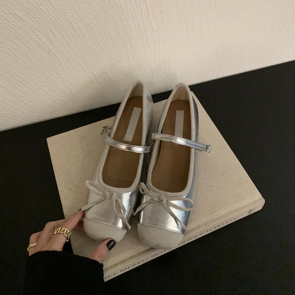 Inner Height Increase Mary Jane Shoes Women's Spring 2025 New Bow Square Head Silver Splicing Flat Ballet Shoes