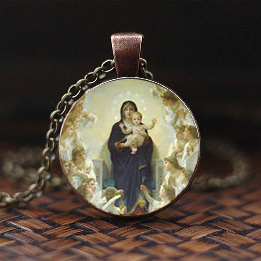 Catholic Glass Pendant, Featuring The Virgin Mary And The Infant Jesus, A Vintage Design Suitable For Both Men And Women.