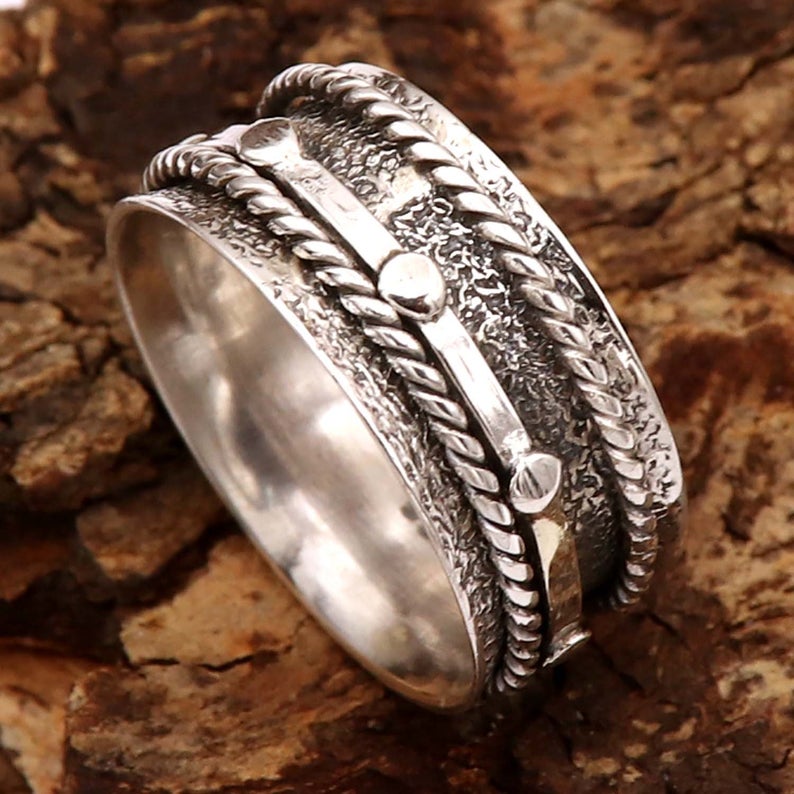 Кольцо из стерлингового серебра 925 пробы, дизайнерское кольцо-спиннер, двухцветное кольцо ручной работы, кольцо для медитации, для нее, серебряное кольцо от тревоги, кольцо подружки невесты