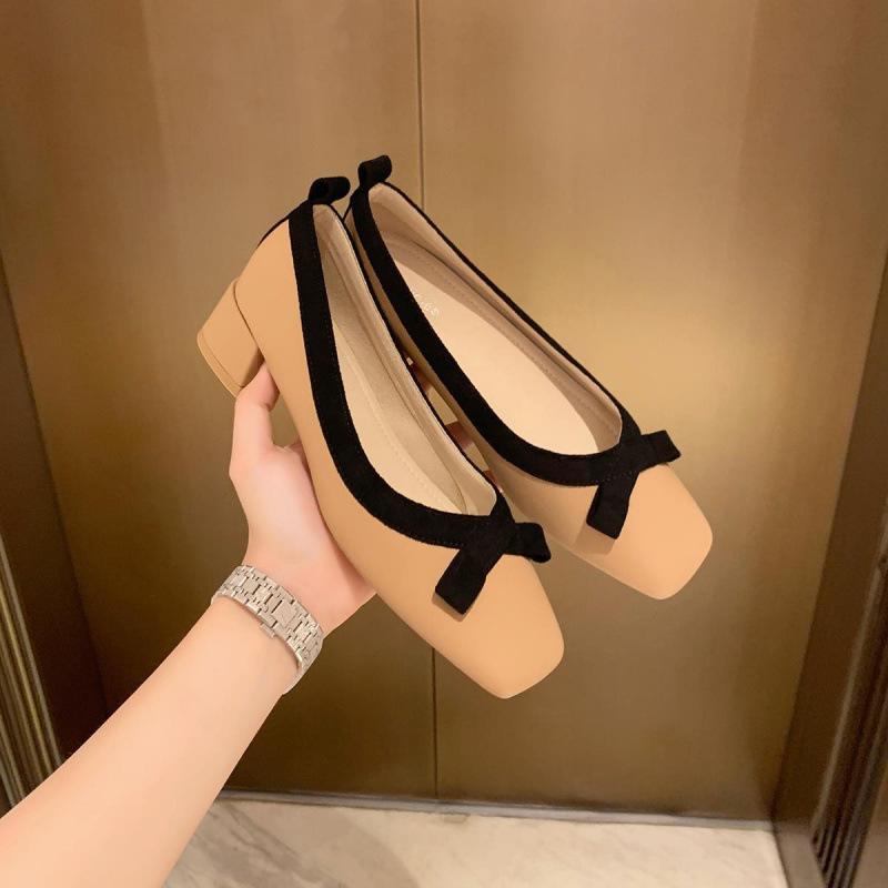 Shoes Leather Square Head Light Mouth Soft Bow Thick Heel Commuter Single Shoes Women's Spring
