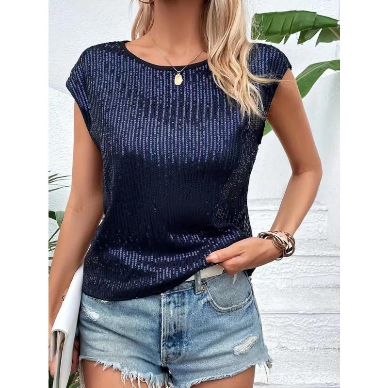 Женская новая свободная повседневная модная вечерняя футболка без рукавов с круглым вырезом и пайетками