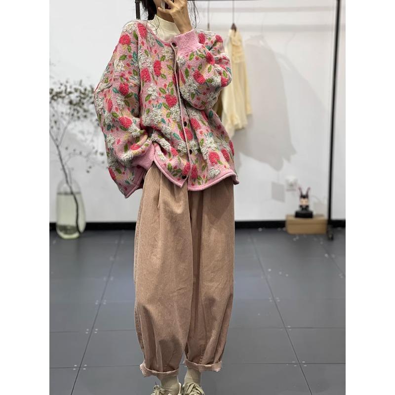 Зима Новинка Плюс Размер Осень Женщины Цветочные Пуговицы Свитера Куртка Вязание Мода Оверсайз Повседневный Стиль Свободный Кардиган Свитер