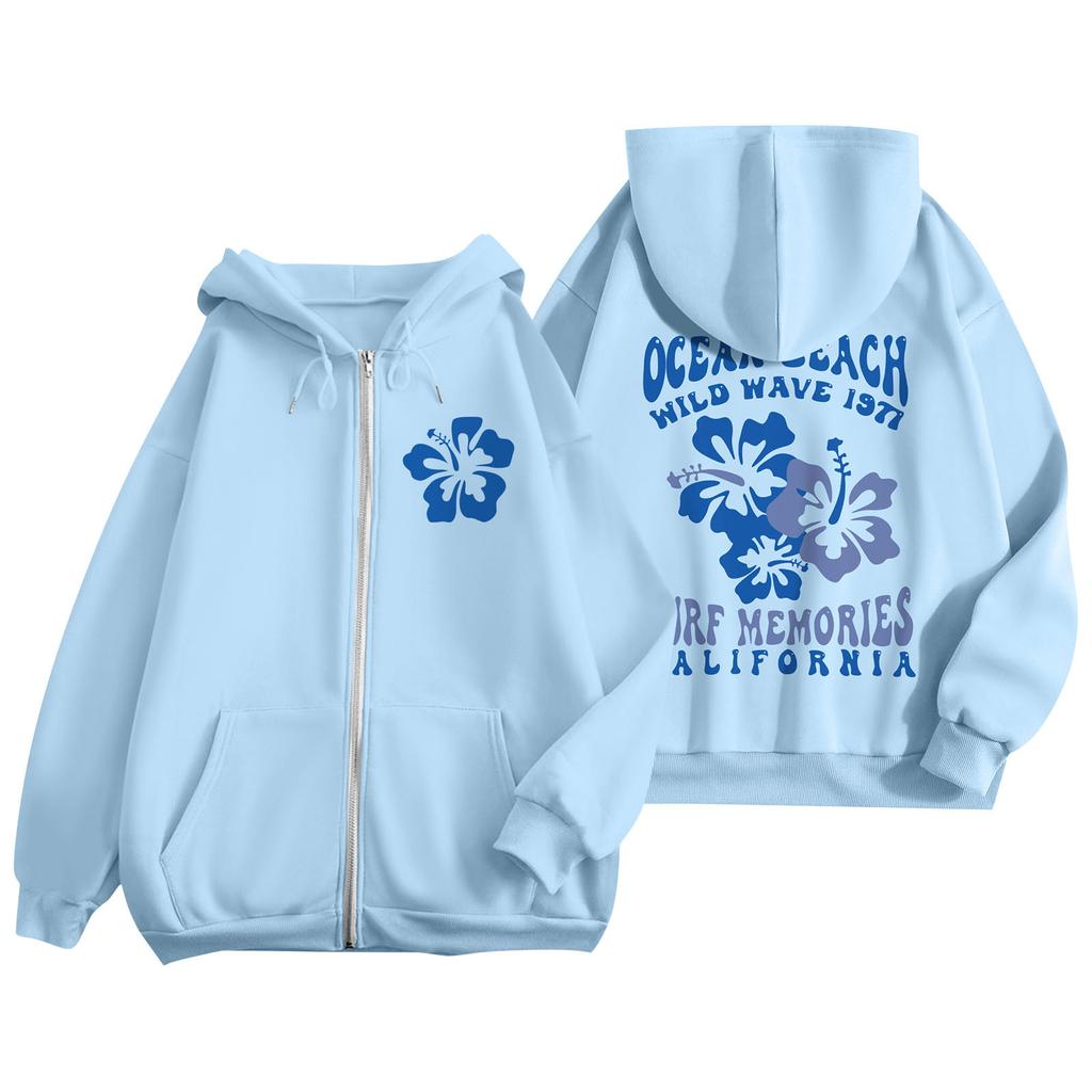 Women's Zip Up Hoodies Teen Girls  Flowers Printed Sweatshirt Clothing Casual Drawstring Jacket With Pockets