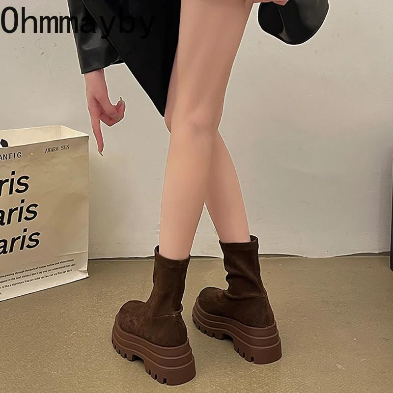 Fashion Vintage Platform Increase Women Ankle Boots Fashion Slip On Shoes Autumn Winter British Style Ladies Elegant Short Booties