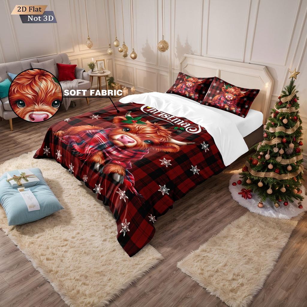 3pcs Christmas highland cattle print coreless quilt set multi size bedroom dormitory bedding decoration soft  machine washable