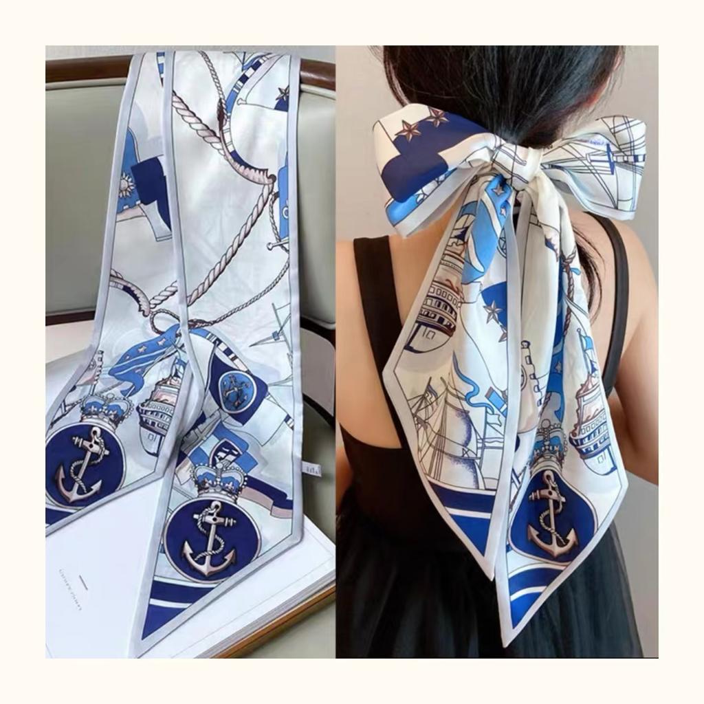 Luxury Design Long Silk Scarf Women Summer Fashion Bag Handle Ribbon Ladies Horse Print Headband Small Hair Scarves Female