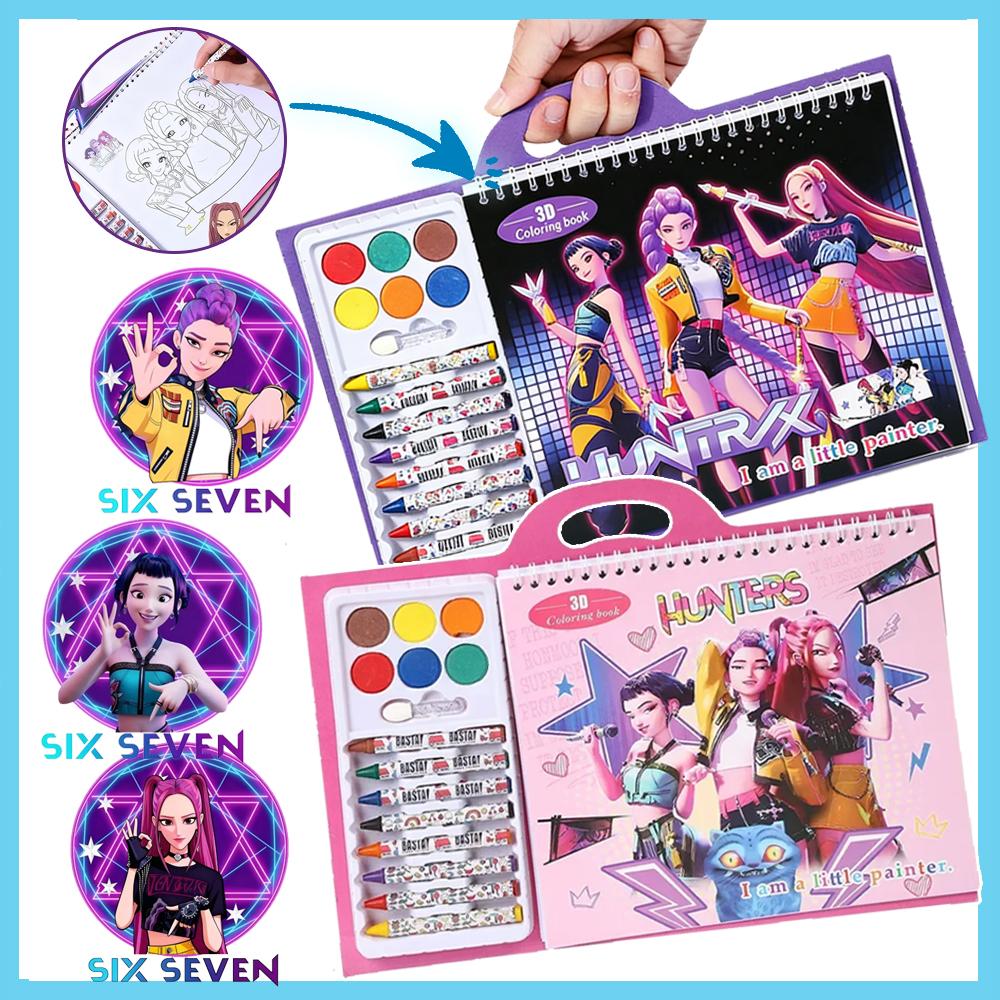 Рождественский подарок! K-pop Охотники на демонов Книжка-раскраска для детей – Мультяшное аниме Эскиз Линейное искусство, Обводилка-дудл с бесплатными мелками