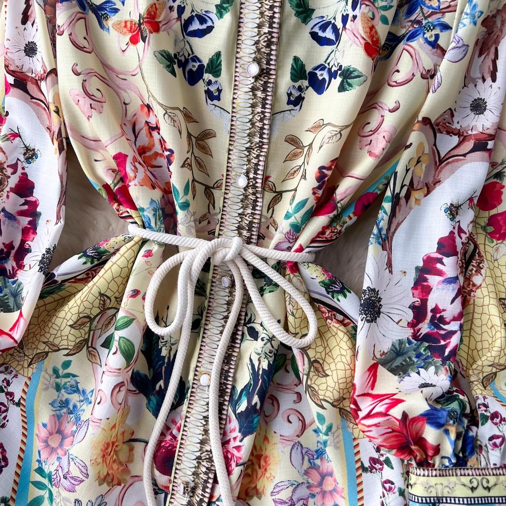 Осеннее праздничное винтажное длинное платье с цветочным принтом, женское платье-стойка с длинными рукавами и поясом на шнуровке, вечерние платья, свободные платья