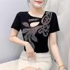 Summer Women's Short Sleeved T-Shirt Fashion Sexy Hollow Out Luxury Hot Diamonds Flower Tees Casual Brand Tops
