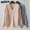 Autumn Winter Women's Sweater Loose Pullover Vintage Twist V-neck Long Sleeve Solid Color Sweater Women