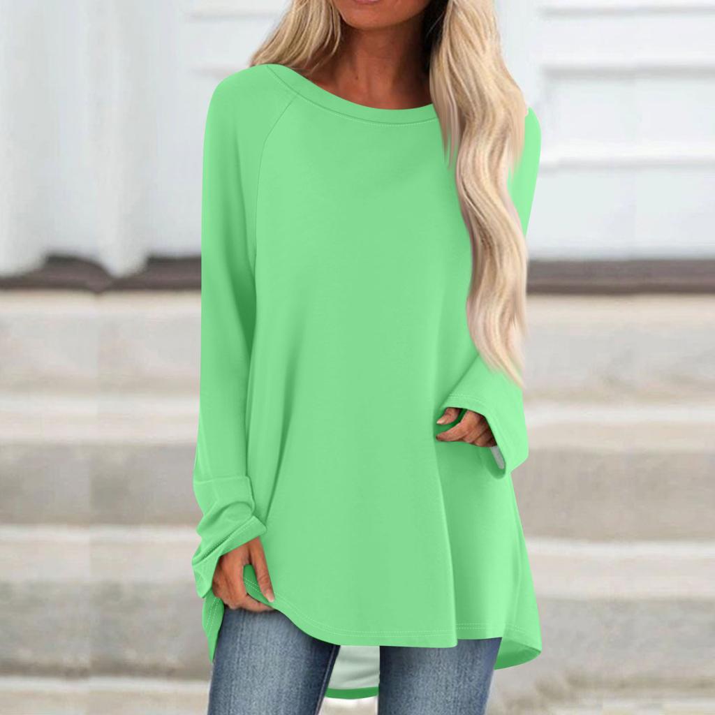 Women's Fashionable Loose Mid-length Round Neck Pullover Solid Color Raglan Sleeves Long-sleeved Casual Top