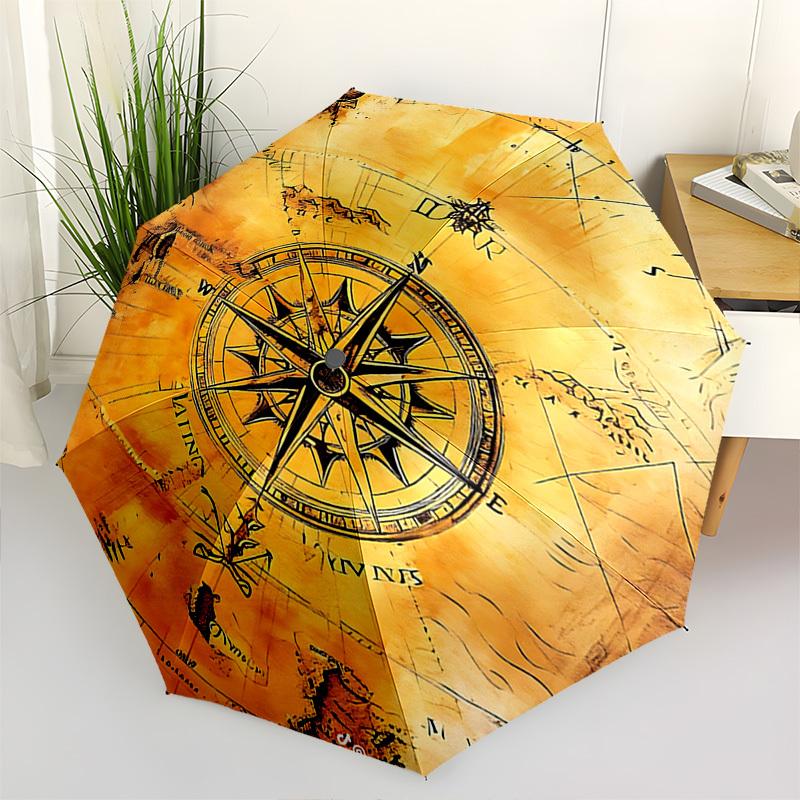 Compass Map Themed Automatic Opening and Closing Umbrella, Brightly Colored 8-rib Portable Umbrella, Suitable for Men and Women, A Perfect G