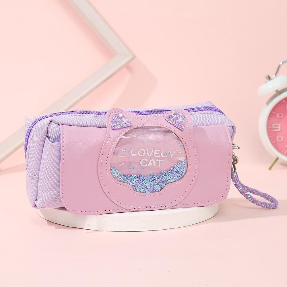 Quicksand Cat Canvas Pencil Case: Cute Korean-Style Three-Layer Stationery Bag for Female Students.