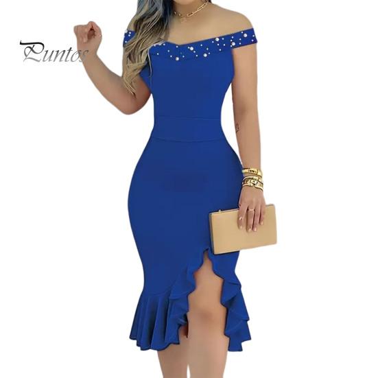 Evening Dress Off Shoulder Sheath Sleeveless Irregular Ruffle Hem Slim Fit Solid Color Faux Pearl Decor Midi Dress for Party Prom Wedding