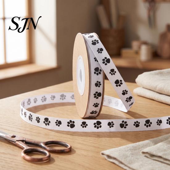 Durable Ribbon for Jewelry Making 0.4" x 9.8 Yards Paw Print Ribbed Ribbon, Decorative Fabric Pet Themed Gift Wrapping and DIY Craft Bows, Floral