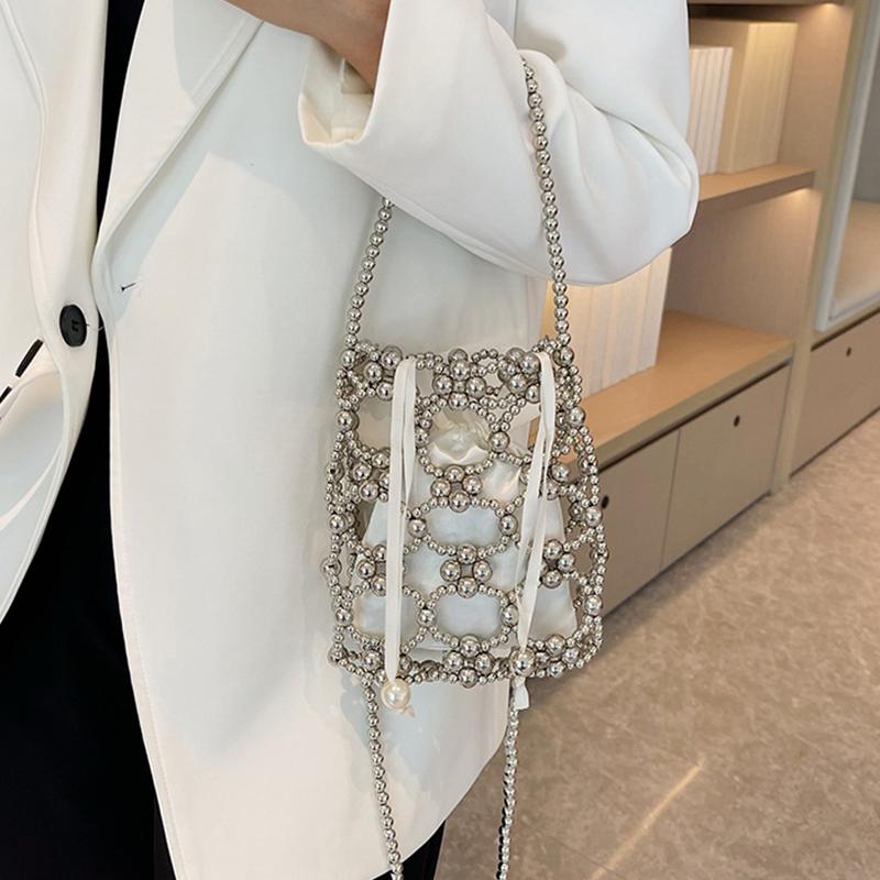 Yogodlns Белые бисерные сумки-ведра через плечо и через плечо Изысканное чувство роскоши Свежие вечерние сумки для женщин Мода