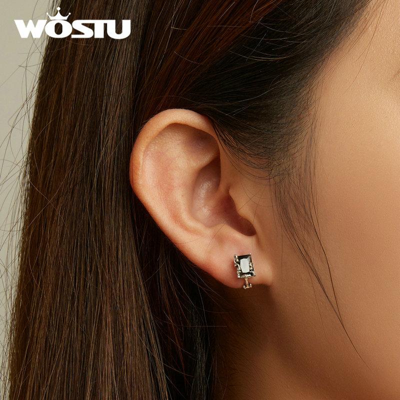 WOSTU 925 Sterling Silver Square Black Zircon Ear Buckles for Women Fine Jewelry Hoop Stud Earrings for Party