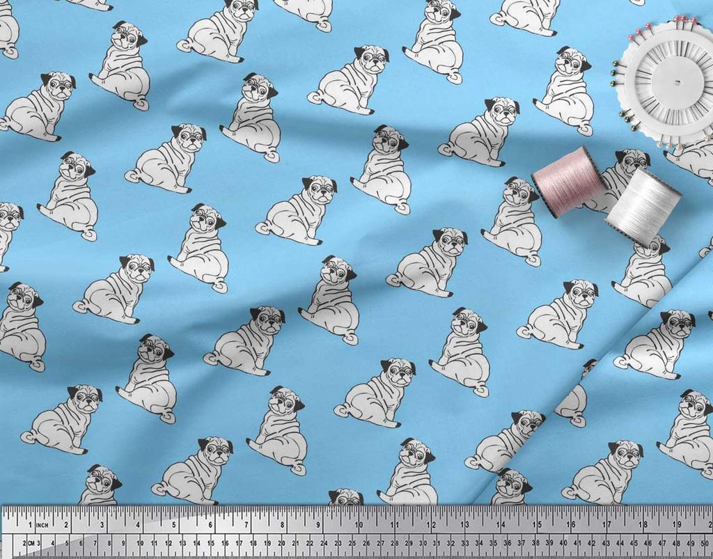 Soimoi Japan Crepe Satin Fabric Pug Dog Print Fabric by Metre 42 Inch Wide