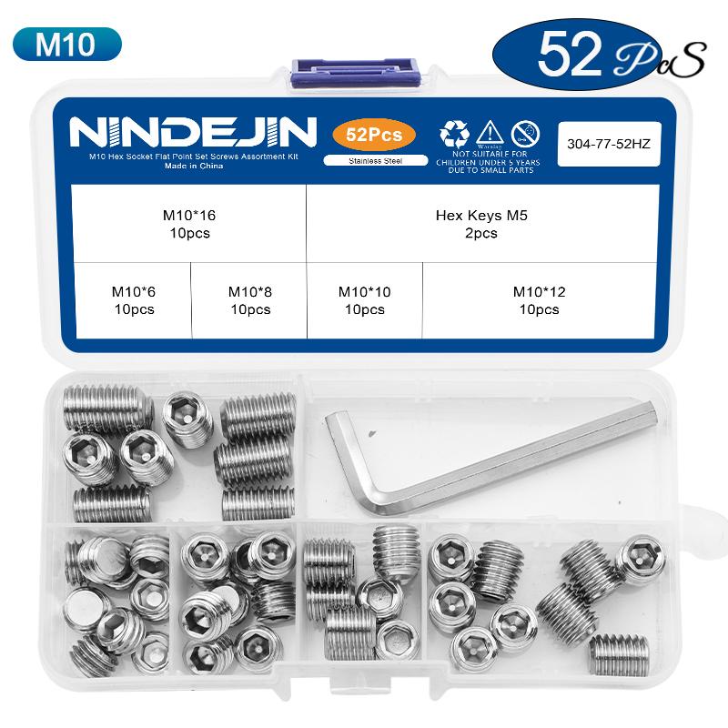 NINDEJIN Flat Point Set Screw Assorment Kit Stainless Steel M2-M10 Hexagon Socket Headless Set Grub Screw Kit with Hex Key
