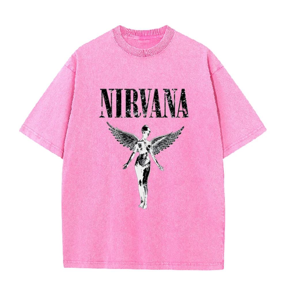 Винтажная стираная футболка Nirvana Панк-рок Серебряный Ангел Череп Принт Свободный Короткие рукава