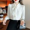Рубашка с длинными рукавами и бантом Женская одежда на весну и осень Корейская версия блузки The Niche Design Sense Свободная шифоновая рубашка в стиле темперамент