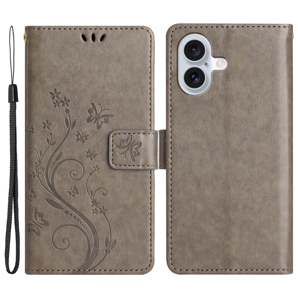 For iPhone 16 Plus Case Wallet PU Leather Butterfly Floral Phone Cover with Strap