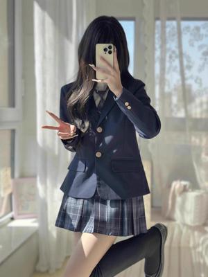 Женская осенне-зимняя японская школьная форма в стиле академии JK: Комплект блейзера, не требующего глажки, и клетчатой юбки