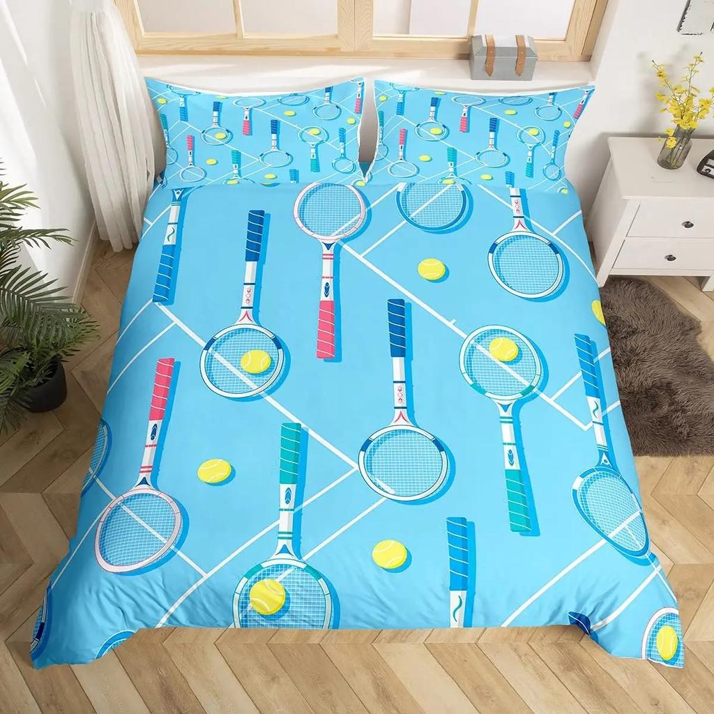 Tennis Bedding Set Full Size Sports Theme Comforter Cover Tennis Lover Duvet Cover Ball Games Yellow Black White Quilt Cover