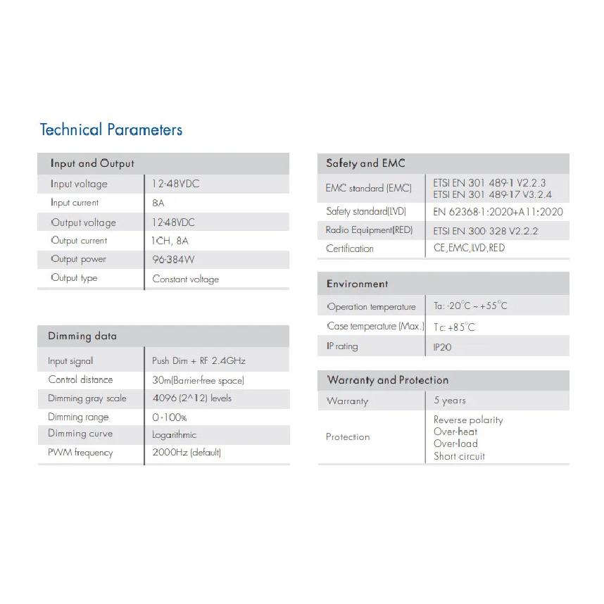 2.4G RF LED CV Dimmer V1-F Push Dim 1CH*8A DC12-48V Fade-in Fade-out 5 kinds Fading Speed Dimming For Single Color Strip Light