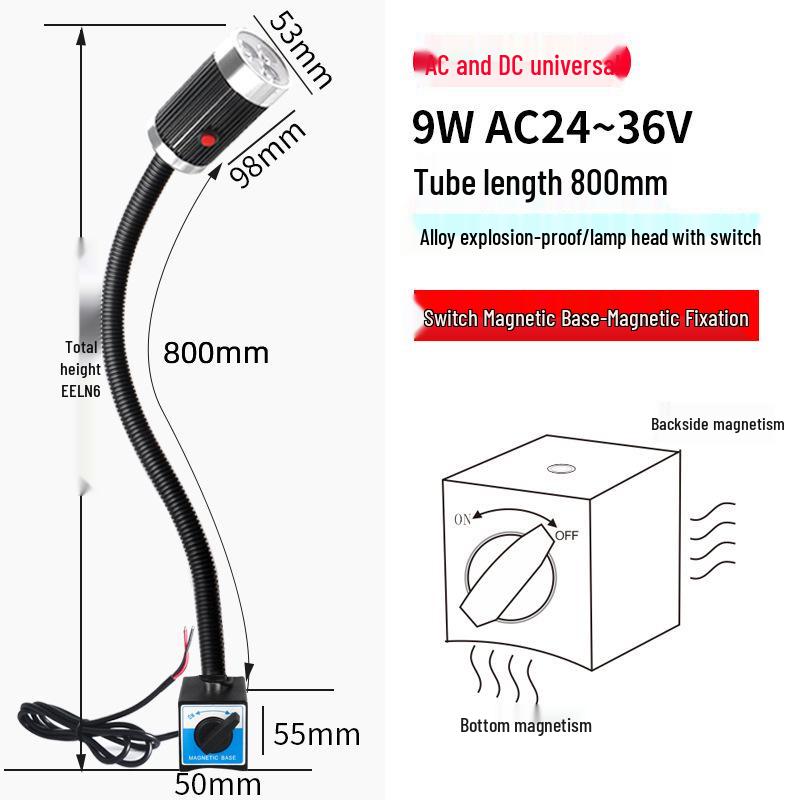 Девять Магнитных Светильников для Станков на Гусиной Шее - 3Вт/6Вт/9Вт, 24В/220В, Мощное Магнитное Основание, Длинный Кронштейн