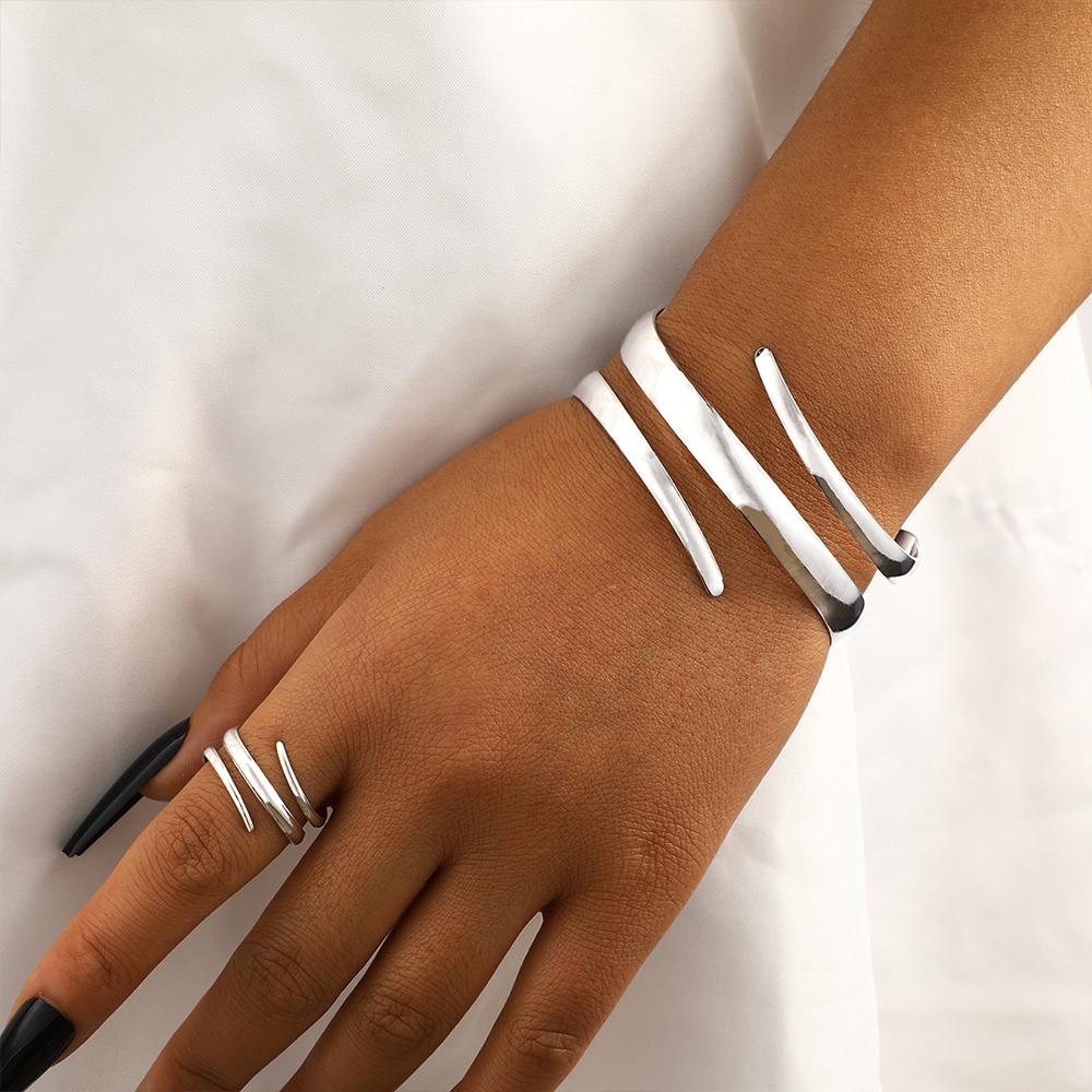 Smooth Bracelet and Ring Set Exaggerated Open Bangle Jewelry for Party, Daily Wear