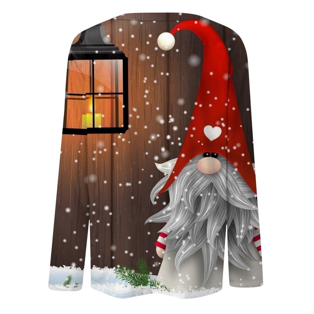 Женская мода повседневная рождественская печать круглый вырез длинный рукав декоративная футболка топ