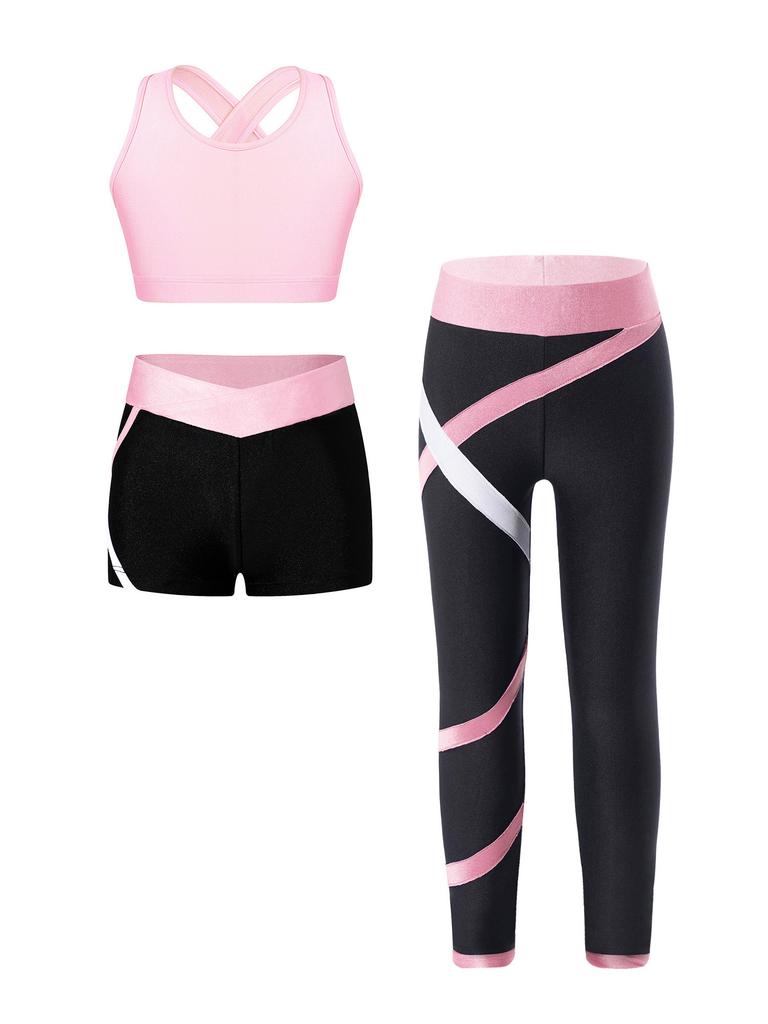 Kids 3 Piece Dance Outfit Tracksuit Girls Cross Nack Tank Sport Bra with Yoga Pants Leggings Ballet Shorts Set