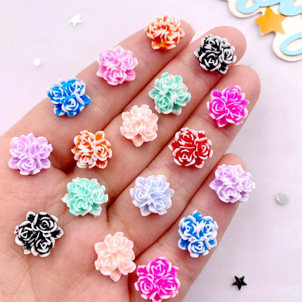 50pcs Mix Resin Mini Colorful Three Leaf Rose Flat Back Flower Figurines Nail Art DIY Wedding Scrapbook Crafts Accessories Decor