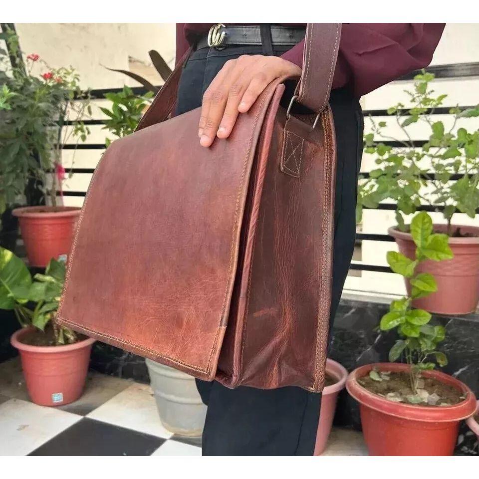 Винтажная новая настоящая сумка-портфель мужская сумка-мессенджер из козьей кожи для ноутбука коричневого цвета