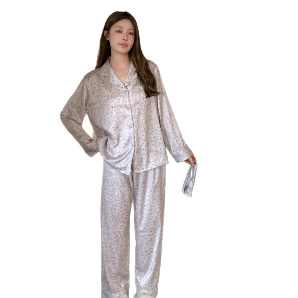 Women's pajamas, high-end leopard print ice silk pajamas, spring and autumn long-sleeve pants set, Xiaohongshu and Douyin