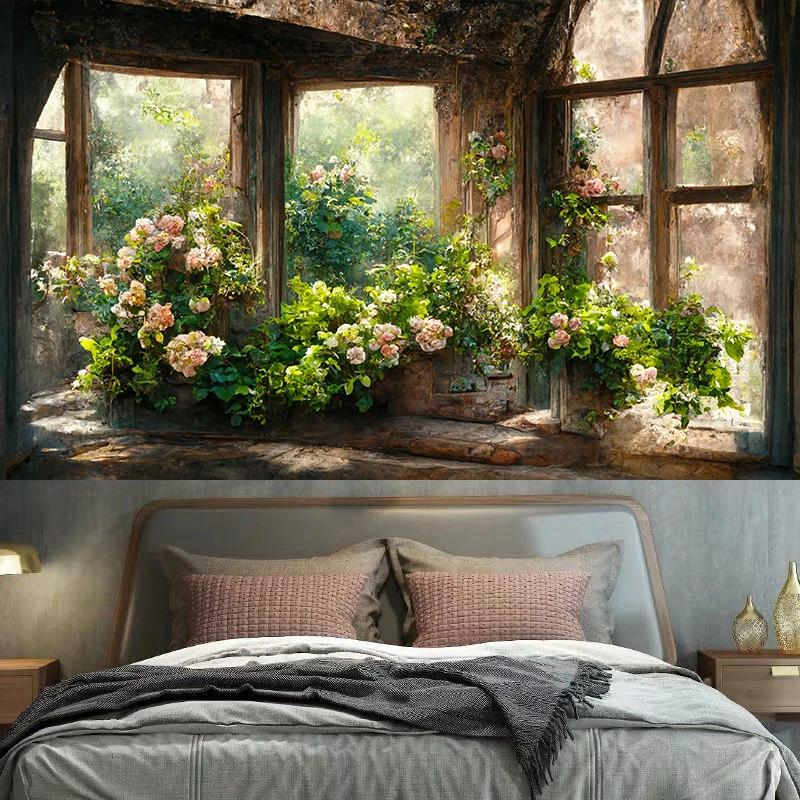Винтажный садовый подоконник, цветочный гобелен, настенное художественное украшение, фон, ткань, эстетика комнаты, дома
