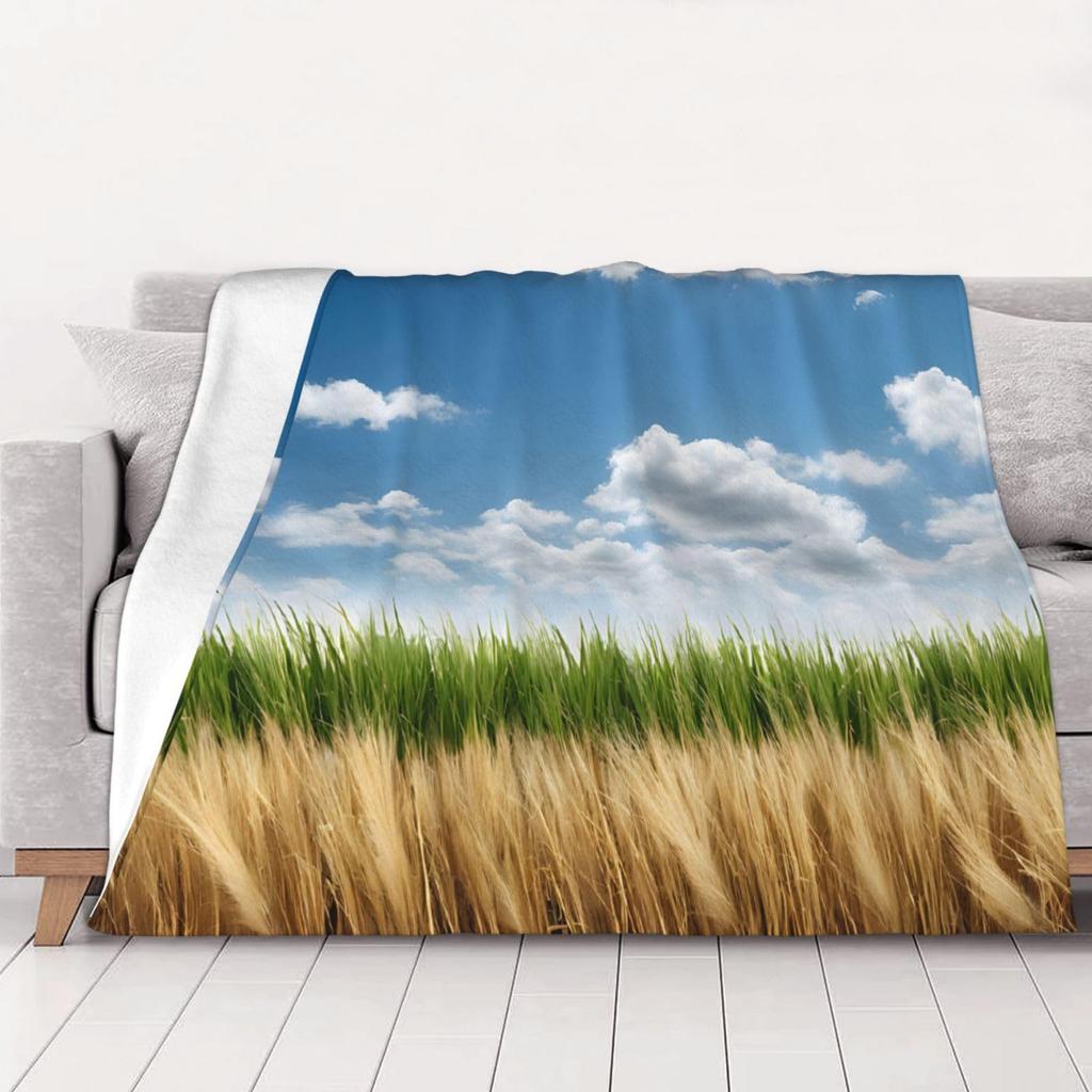 Rustic Wheat Field Fleece Throw Blanket, Soft Cozy Countryside Scene Flannel Blanket for Sofa Camping Trips Office Nap Blanket