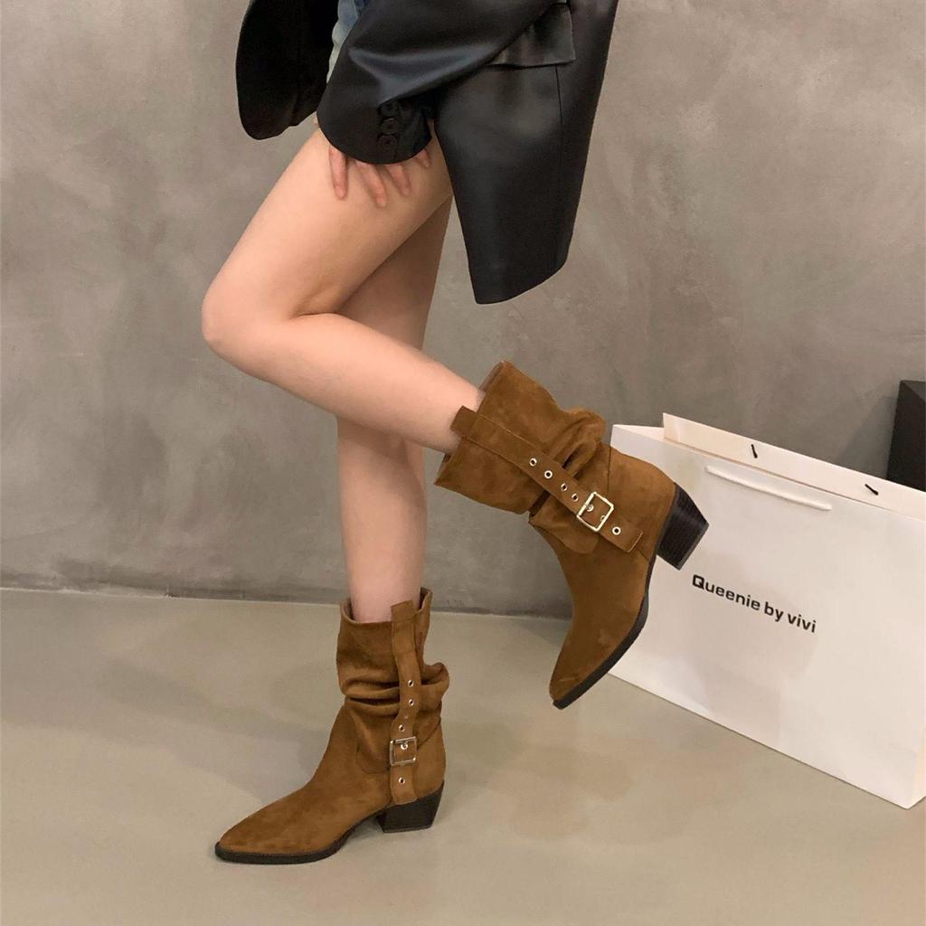 Women's Suede Pointed Toe Mid-Calf Western Boots - Autumn/Winter 2025 Collection