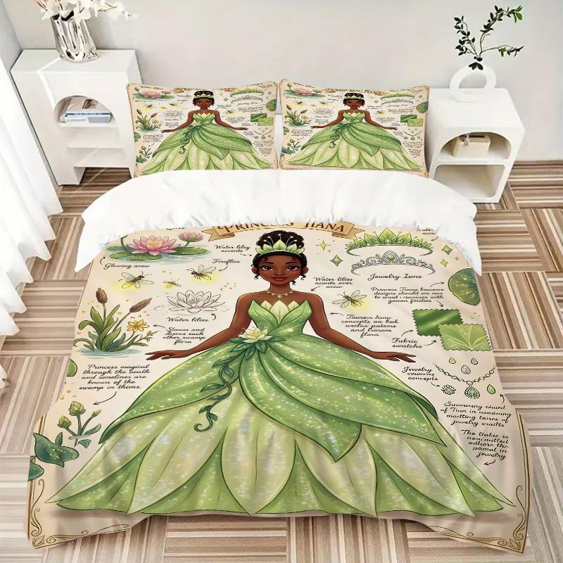 3pcs Princess Tianas Green Dress Bedding Set, Includes One Quilt Cover and Two Pillowcases, Bedroom and Guest Room Decoration. T72301113