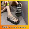Wear round head rhinestone thick-bottomed sandals 2025 summer new popular one-word belt casual flat-bottomed tide ins slippers