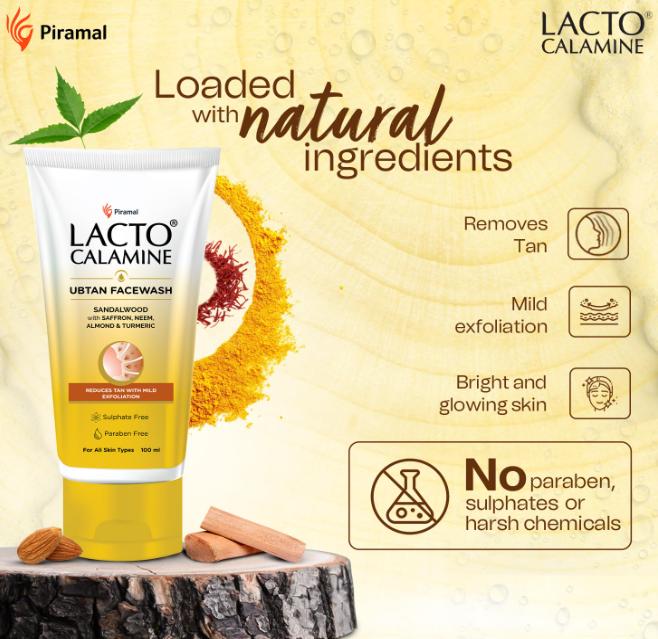 Уход за кожей, склонной к акне. Умывание для лица Lacto Calamine Ubtan для сияющей кожи | Натуральное умывание для лица с сандаловым деревом, шафраном, нимом, миндалем и куркумой 100 мл