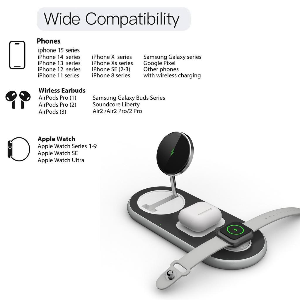 3 In 1 Magnetic Wireless Charger Stand For iPhone 15 14 13 12 Pro Max Airpods Apple Watch 8 7 Portable Charger For Cell Phone