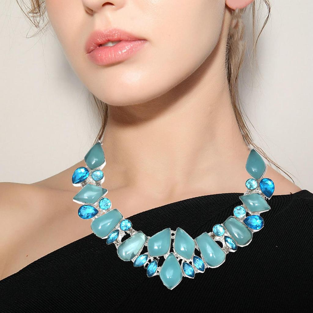 Ожерелье Синий Халцедон SwiBlue Драгоценный Камень Подарок На День Рождения Ювелирные Изделия 18-20''