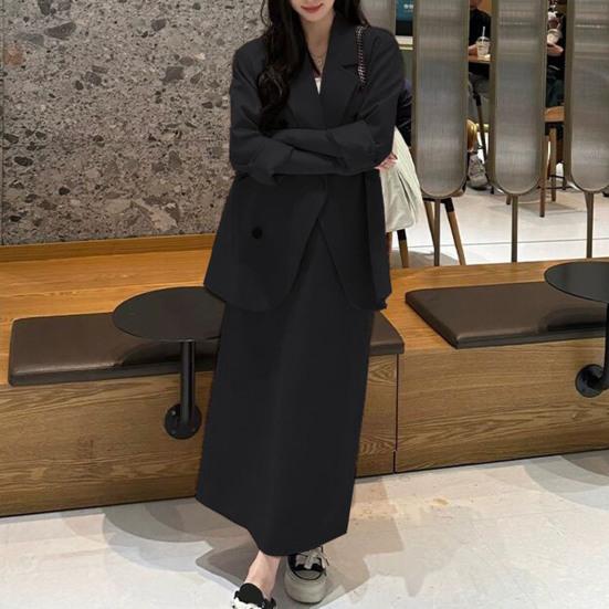 Женский костюм из 2 предметов, пальто, юбка, двубортный пиджак с длинными рукавами и лацканами, средней длины, свободная юбка с высокой талией, формальный деловой стиль, наряд