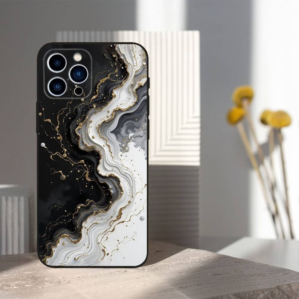 Black Gold Art Marble For iPhone 12,14,13,15,16,11,17,X,Mini,XR,SE,XS,Plus,Pro,Max,8,7,Soft Silicone Black Case
