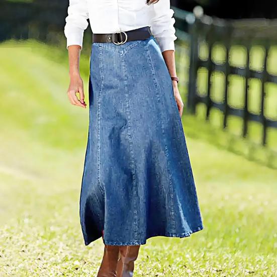 Джинсовая юбка миди с высокой талией, большим подолом, утягивающая юбка миди, однотонная офисная женская джинсовая юбка на каждый день